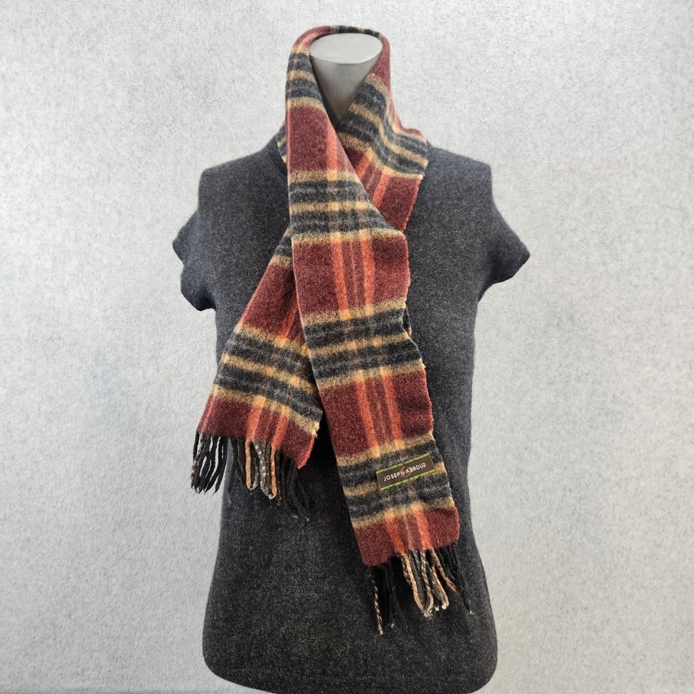Joseph Abboud 100% Cashmere Plaid Scarf Burgundy Orange Made in Germany Vintage